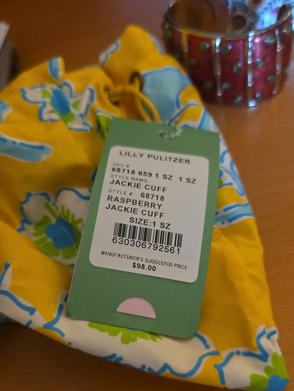 Lilly Pulitzer NWT Raspberry and Green Enamel Jackie Cuff In Lilly Bag